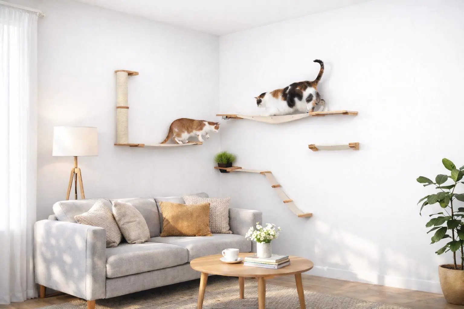 The Bunker - Multi Level Cat Tree with Perch by Catastrophic Creations, beige shelves, wall-mounted, two cats.