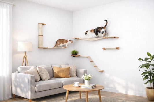 The Bunker - Multi Level Cat Tree with Perch by Catastrophic Creations, beige shelves, wall-mounted, two cats.
