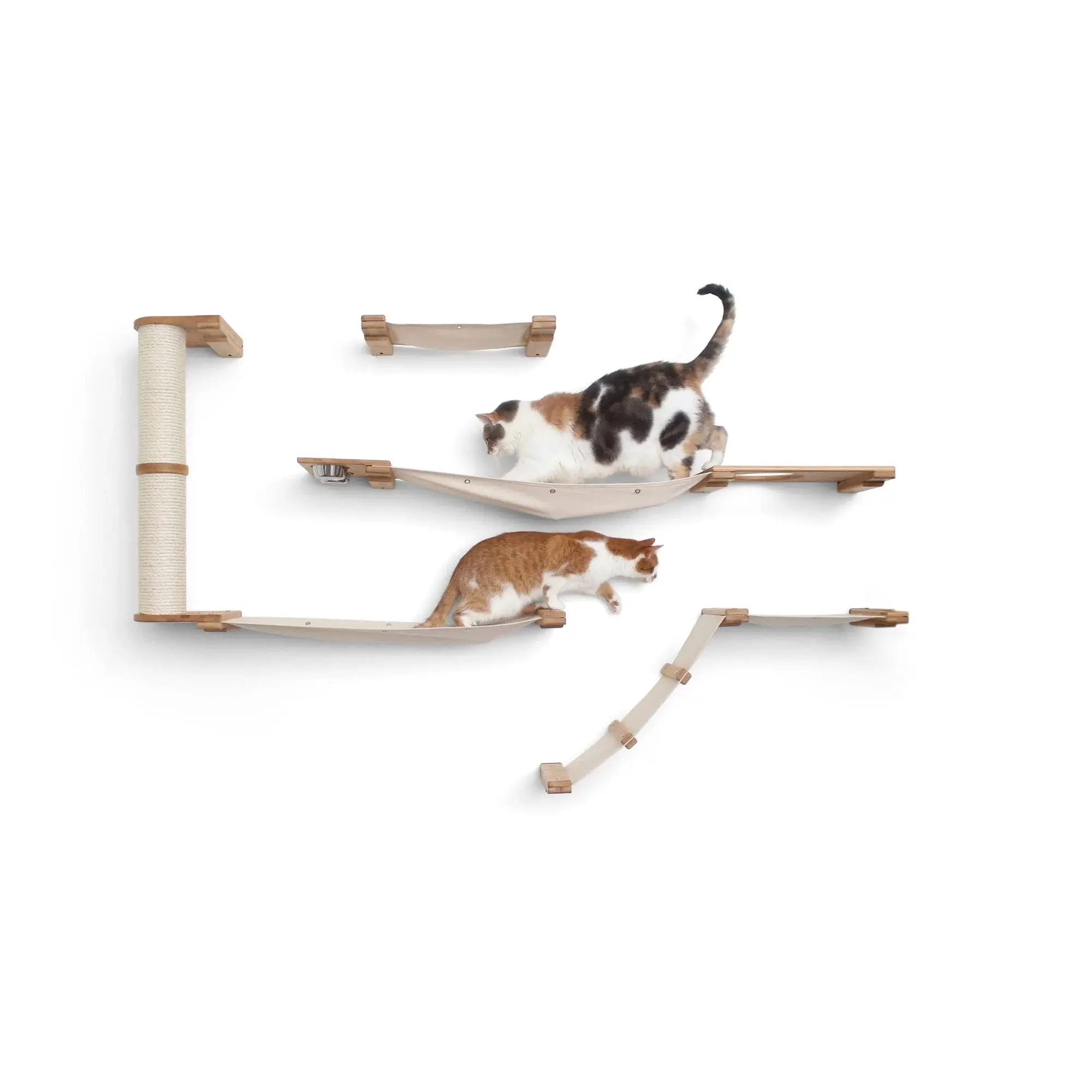 The Bunker cat condo by Catastrophic Creations — multi-level cat tree with natural wood and beige fabric platforms.
