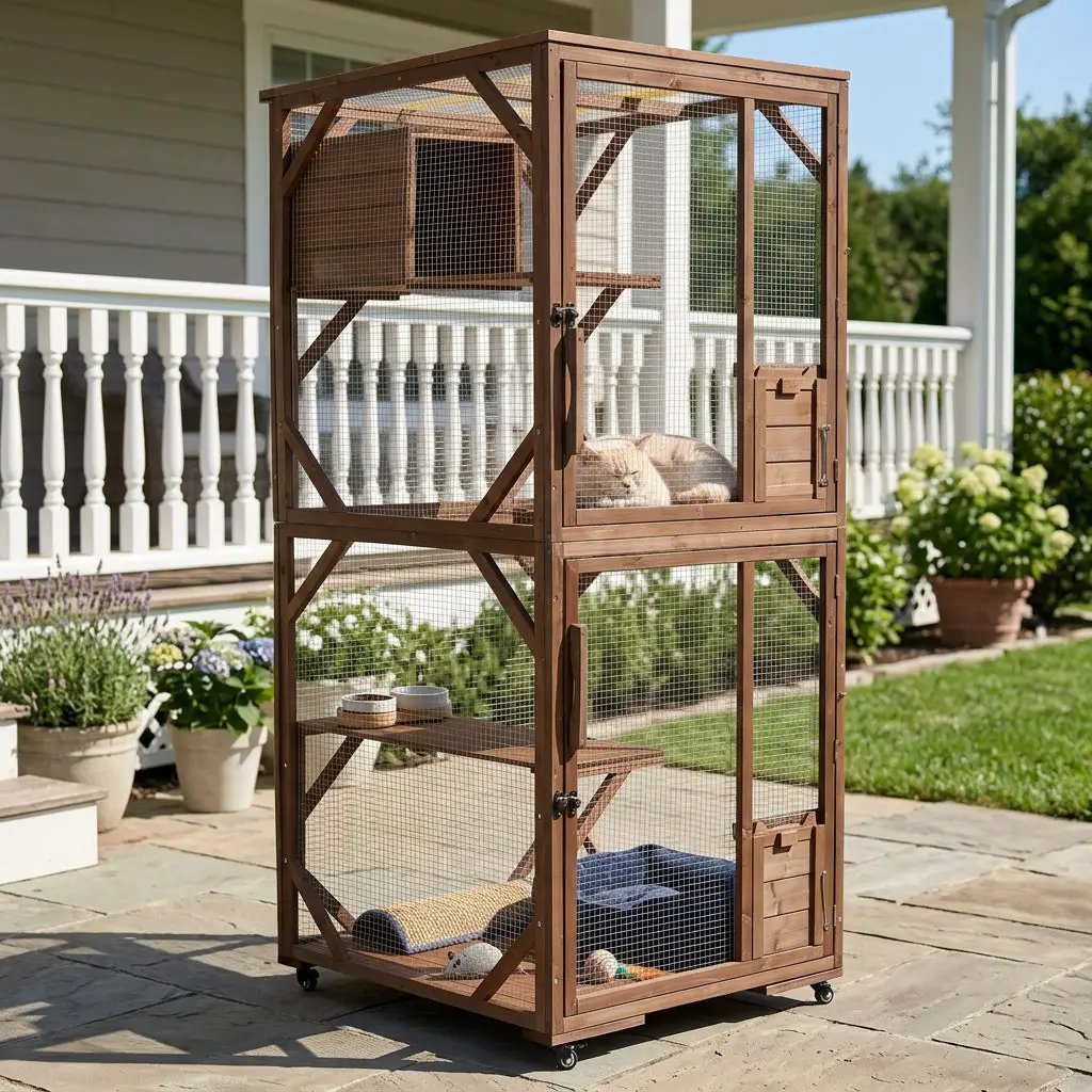 Large two-tier wooden outdoor cat enclosure on lockable wheels with predator-proof wire mesh and multi-level platforms