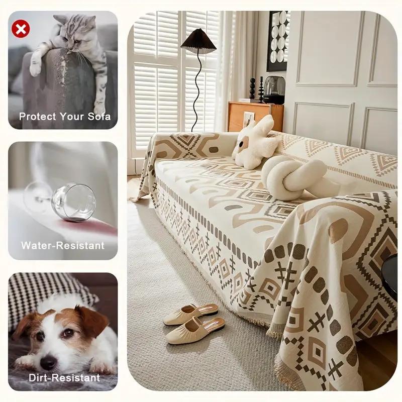 Premium Chaise Lounge Couch Cover by topspet, waterproof, extra-large 180x300 cm with beige geometric pattern.