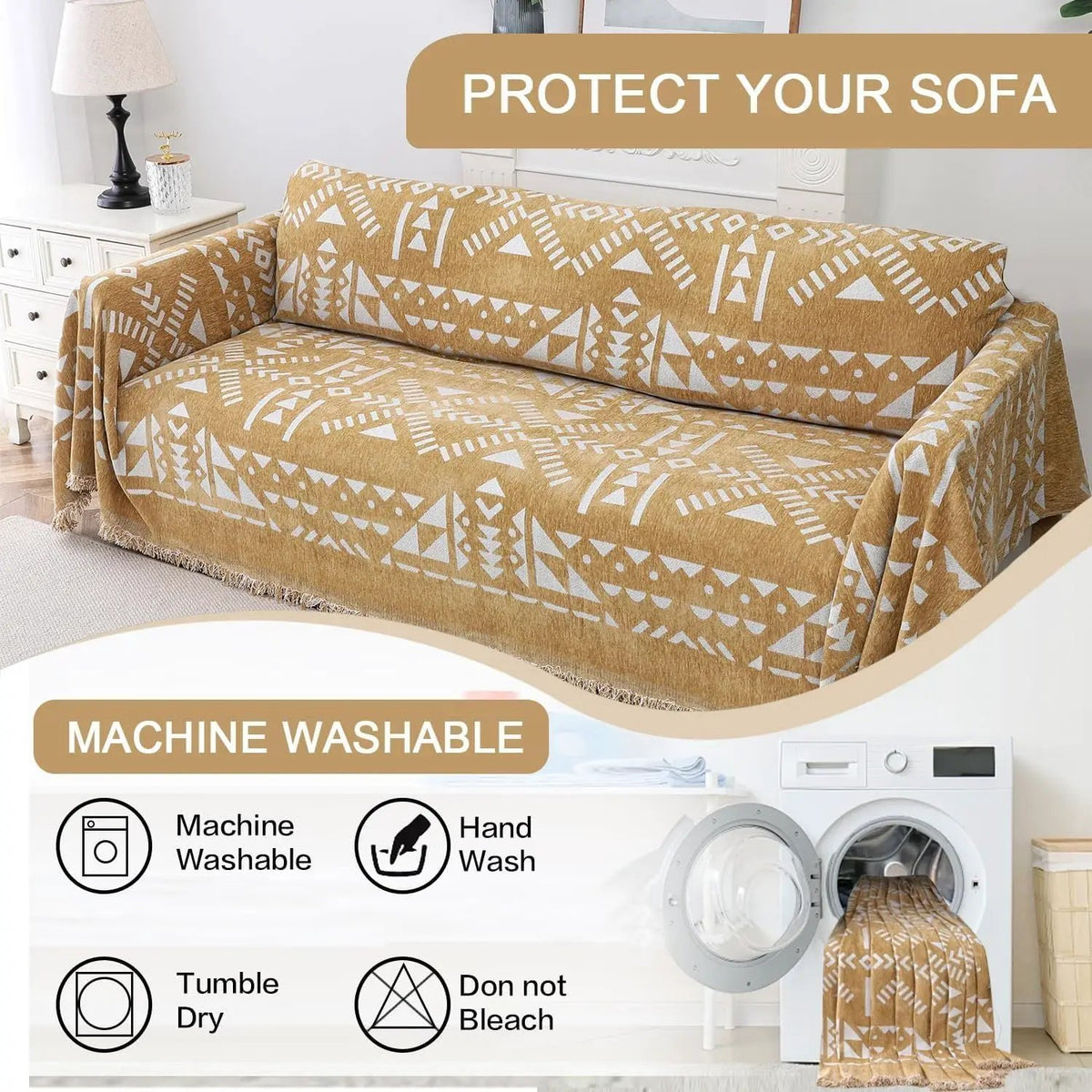 topspet Premium Couch Cover Blanket in mustard yellow with a white geometric pattern for sofa and chair cushions