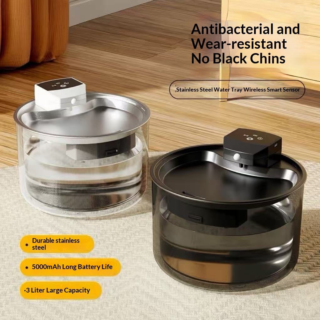 Black and white fountains with stainless steel trays and transparent tanks