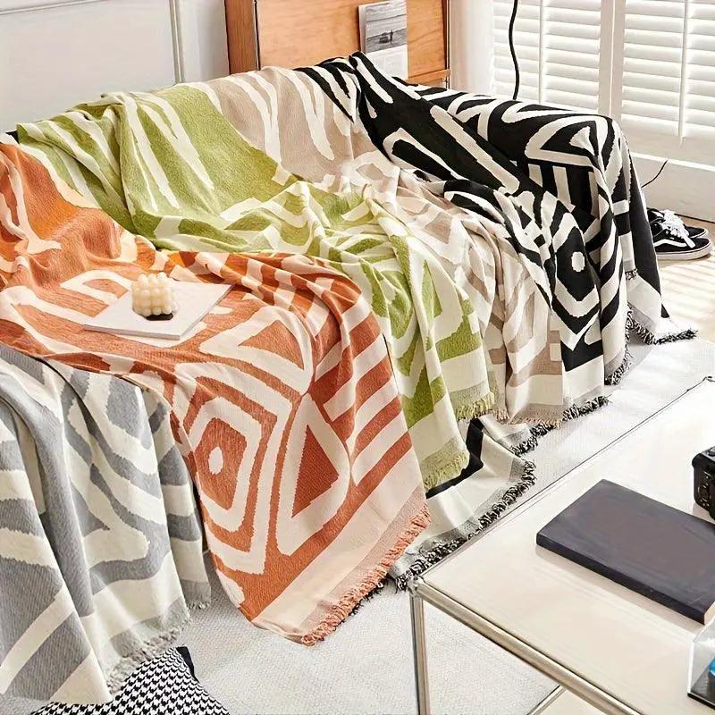 Bohemian-Style Chenille Couch Cover by topspet, extra-long, dog-scratch resistant, multicolor geometric throws on sofa.