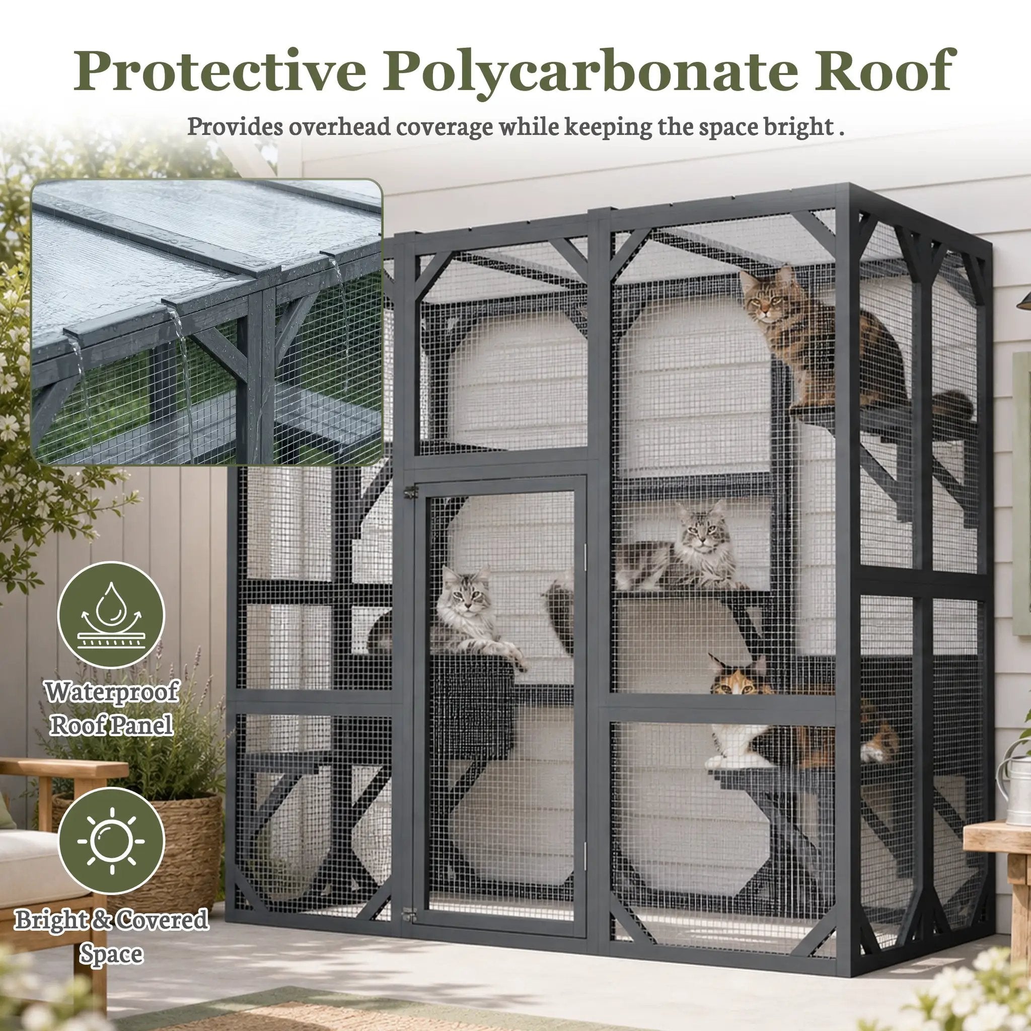 Outdoor cat enclosure, 71x37x71 in wooden frame with mesh panels and waterproof roof; several cats inside.