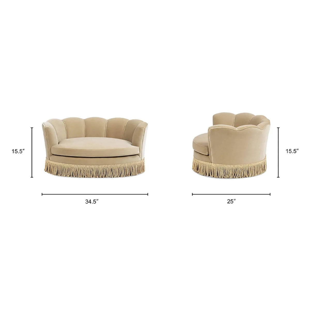 Clara 34.5in scalloped pet sofa bed, medium, fawn with fringe trim