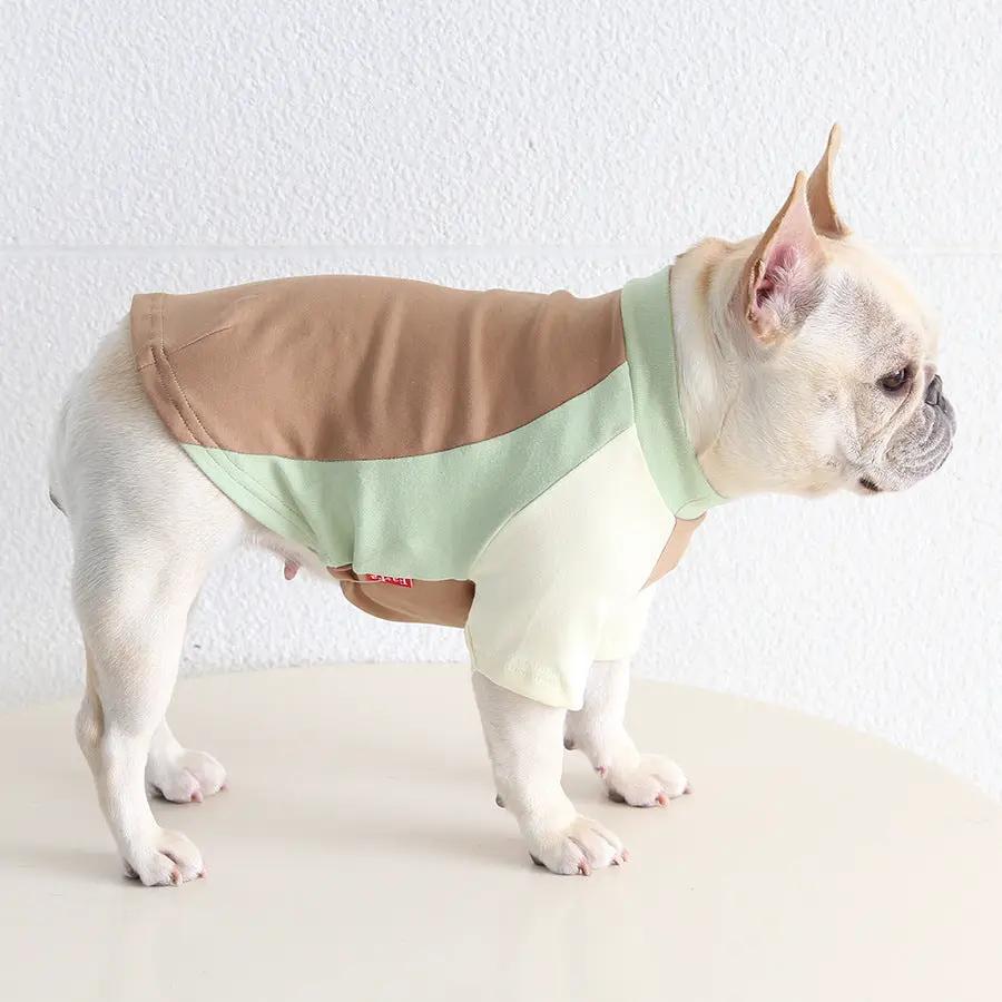 SOCKPET Pug & Frenchie Color-Block Tank for dogs in pastel brown, mint, and cream.