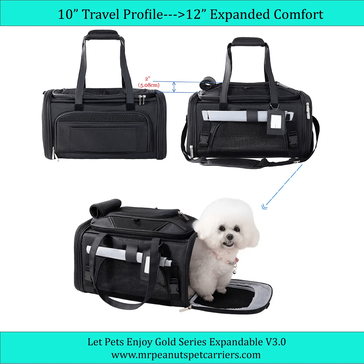 Mr. Peanut's Gold Series Expandable V3.0 Pet Carrier, black, air-travel approved; expandable from 10–12 inches.