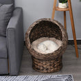 Bild in Galerie-Betrachter laden, Handmade round wicker cat bed with beige cushion in dark brown for kittens
