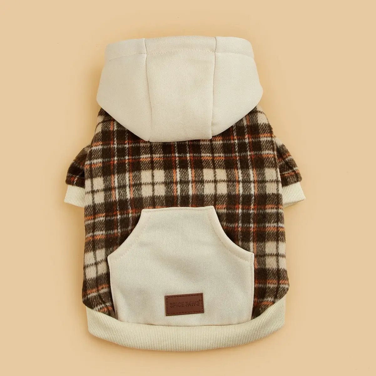 Dog hoodie coat in brown plaid and cream, thick knit with hood and pocket, Spice Paws patch