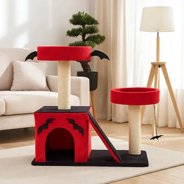 Pear Daisy Halloween Cat Climbing Frame Gothic Cat Tree with red tops and bat accents