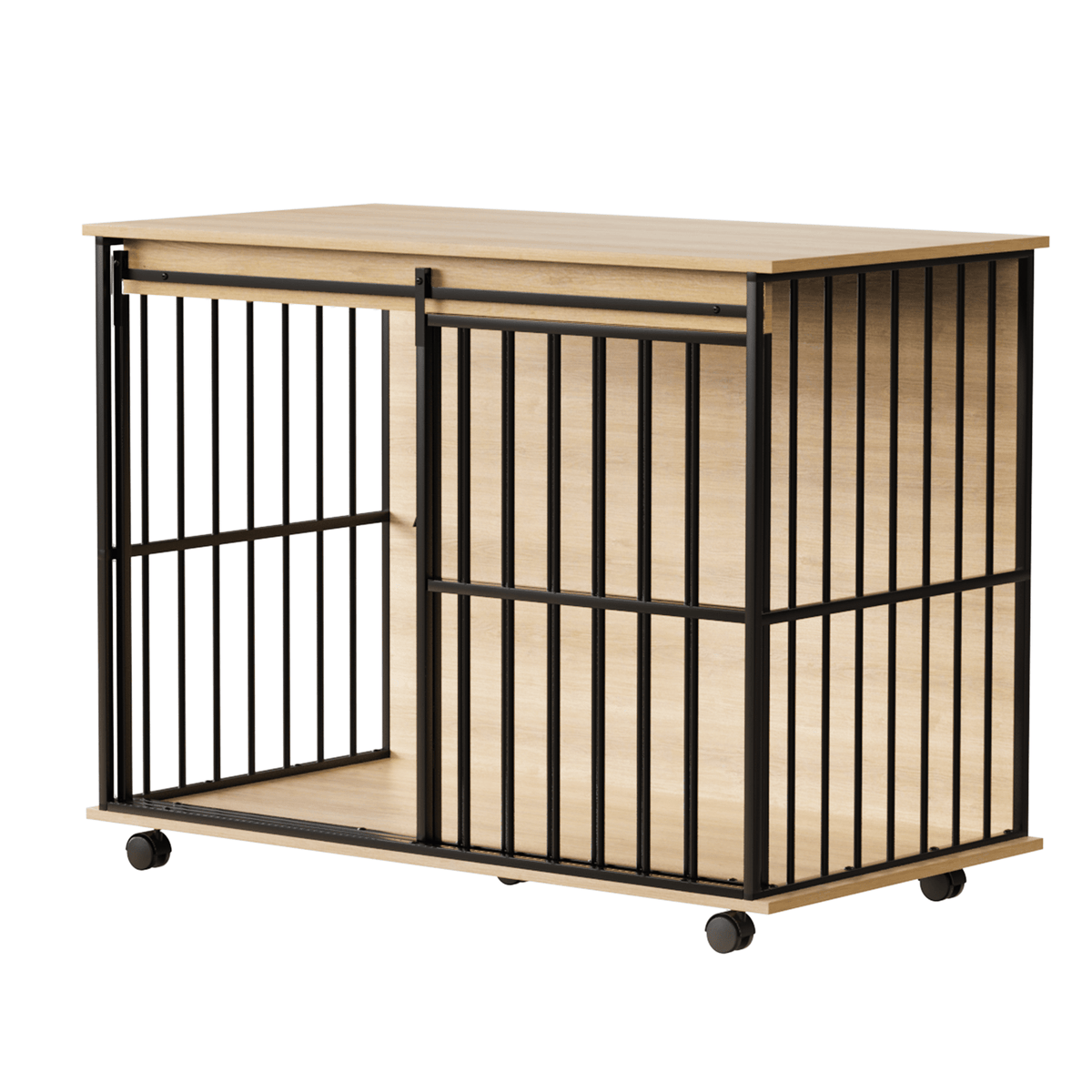 Large wooden dog crate furniture by Sangria Beech with wheels, secure doors, removable tray.