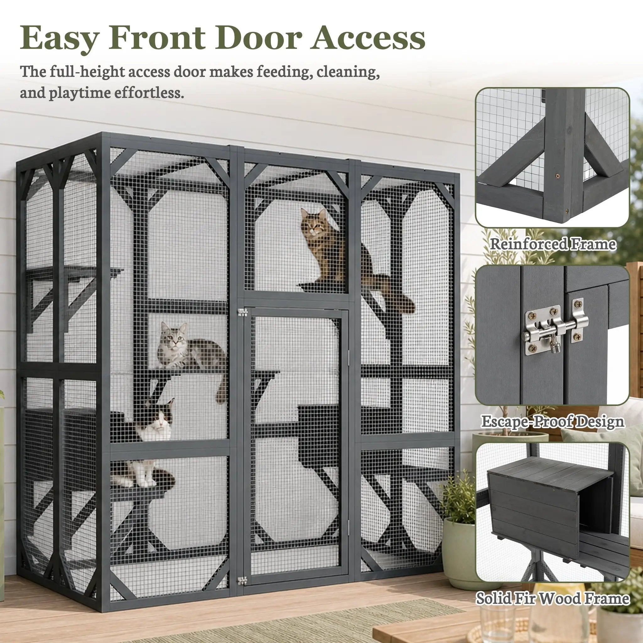 Outdoor cat enclosure with a dark wooden frame, mesh panels, and waterproof roof; several cats inside.