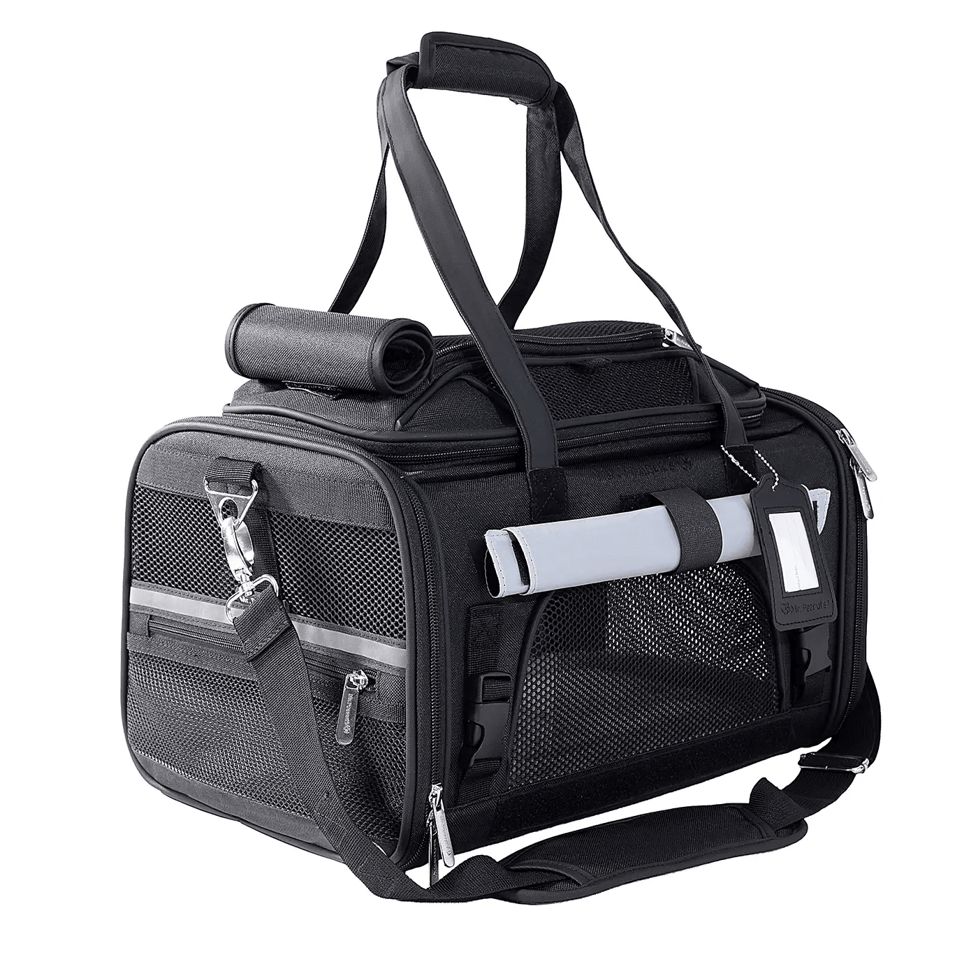 Mr. Peanut's Gold Series Expandable V3.0 Pet Carrier, black with mesh panels, air travel approved.