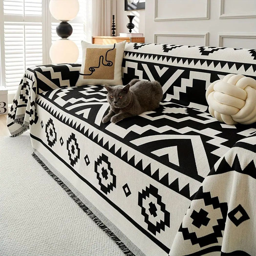 Boho-Chic All-Season Sofa Cover with bold black-and-white geometric pattern; pet-proof couch cover