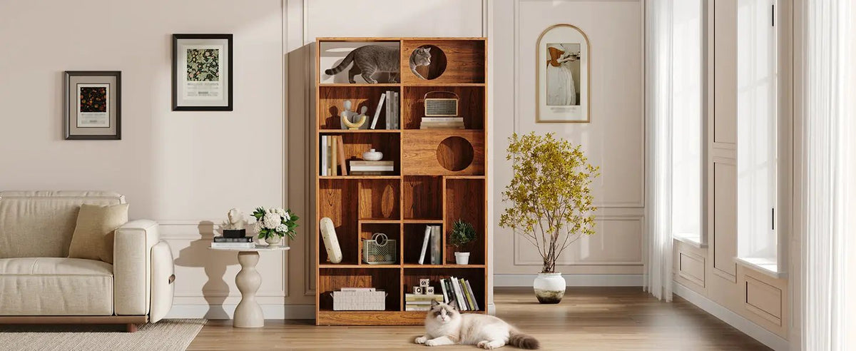 Modern 2-in-1 wooden cat house bookshelf by Sangria Beech in warm wood finish with cat tree display cabinet