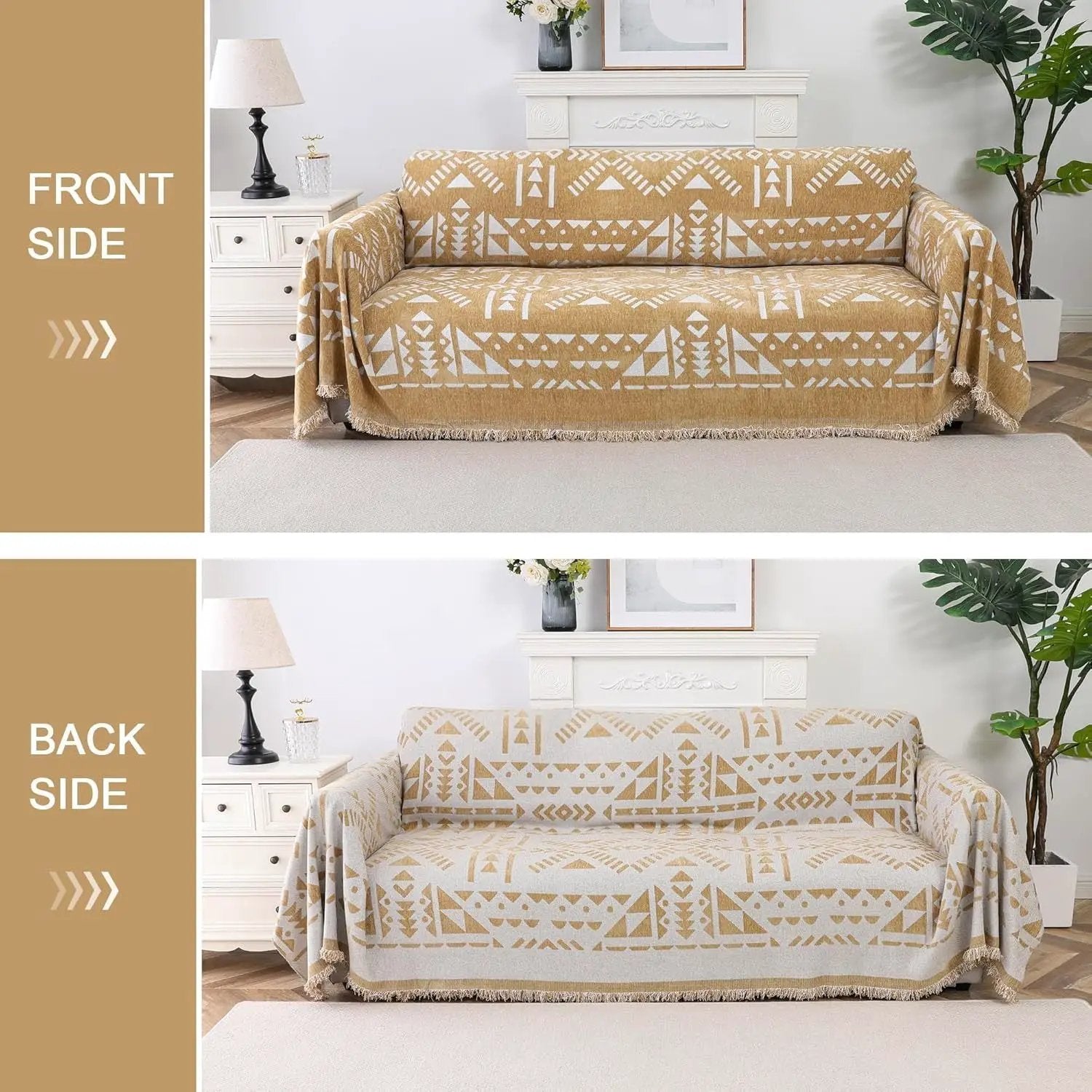 topspet premium couch cover blanket on beige sofa with white geometric pattern and fringe edges