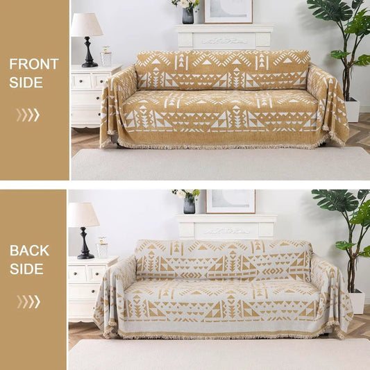 topspet premium couch cover blanket on beige sofa with white geometric pattern and fringe edges