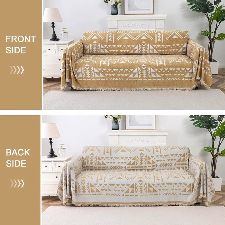 topspet premium couch cover blanket on beige sofa with white geometric pattern and fringe edges