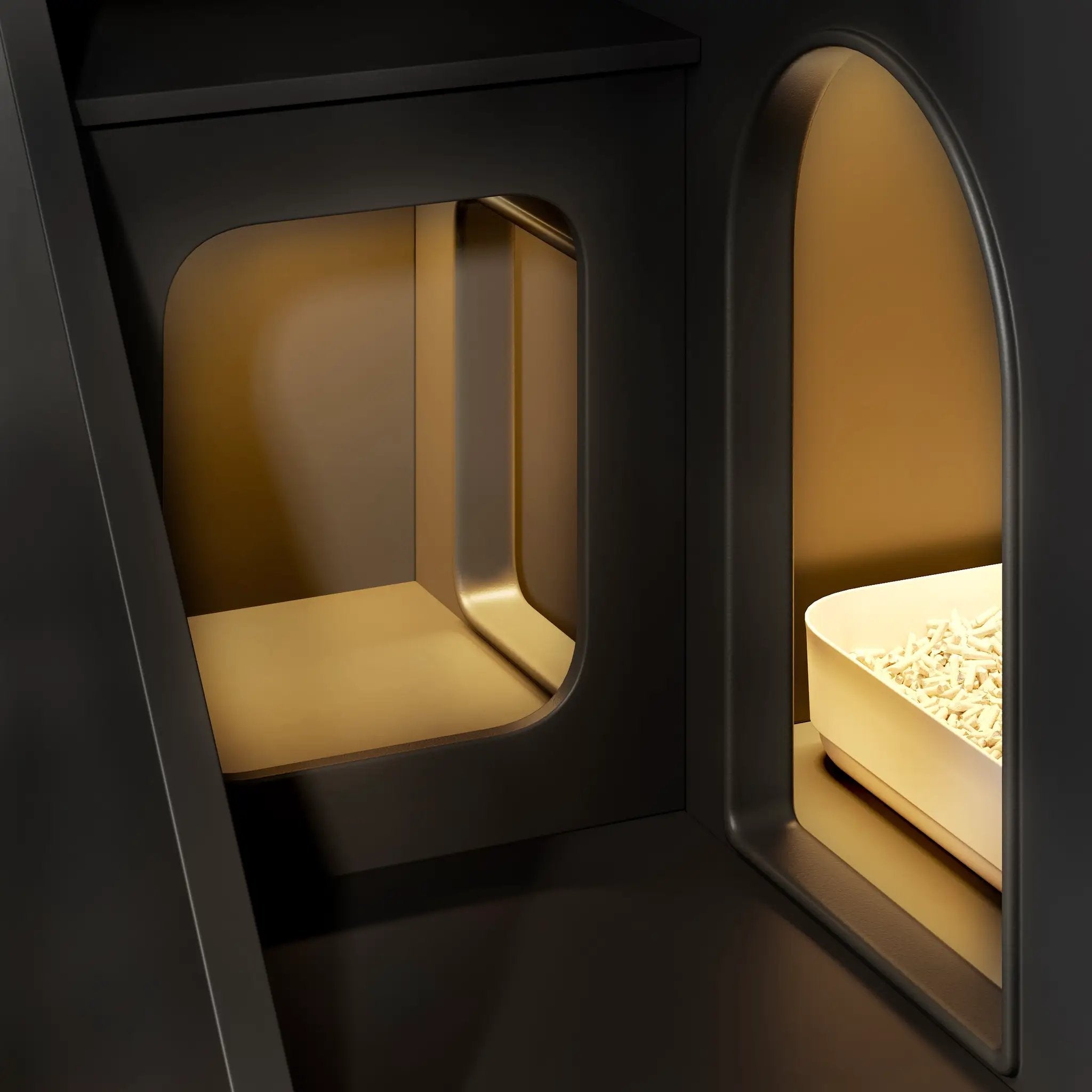 hidden cat litter box enclosure interior design showing concealed litter box for stylish pet care.