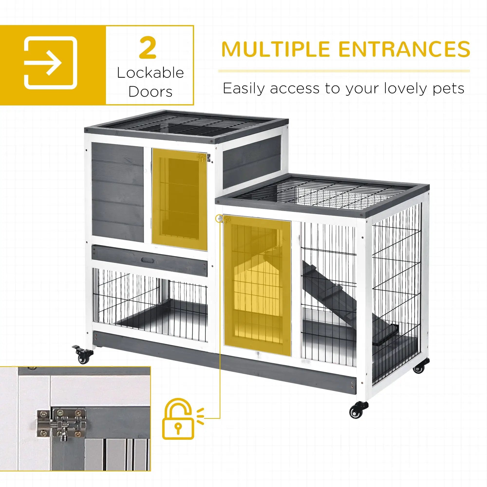 PawHut wooden rabbit hutch elevated bunny cage; two gray-framed units with yellow doors by Home Furnishers