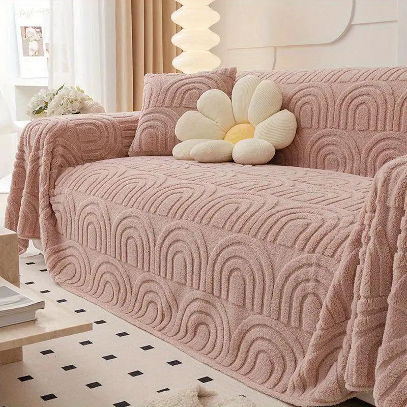 Luxurious Four Seasons Jacquard Slipcover for couch in dusty rose pink plush fabric.