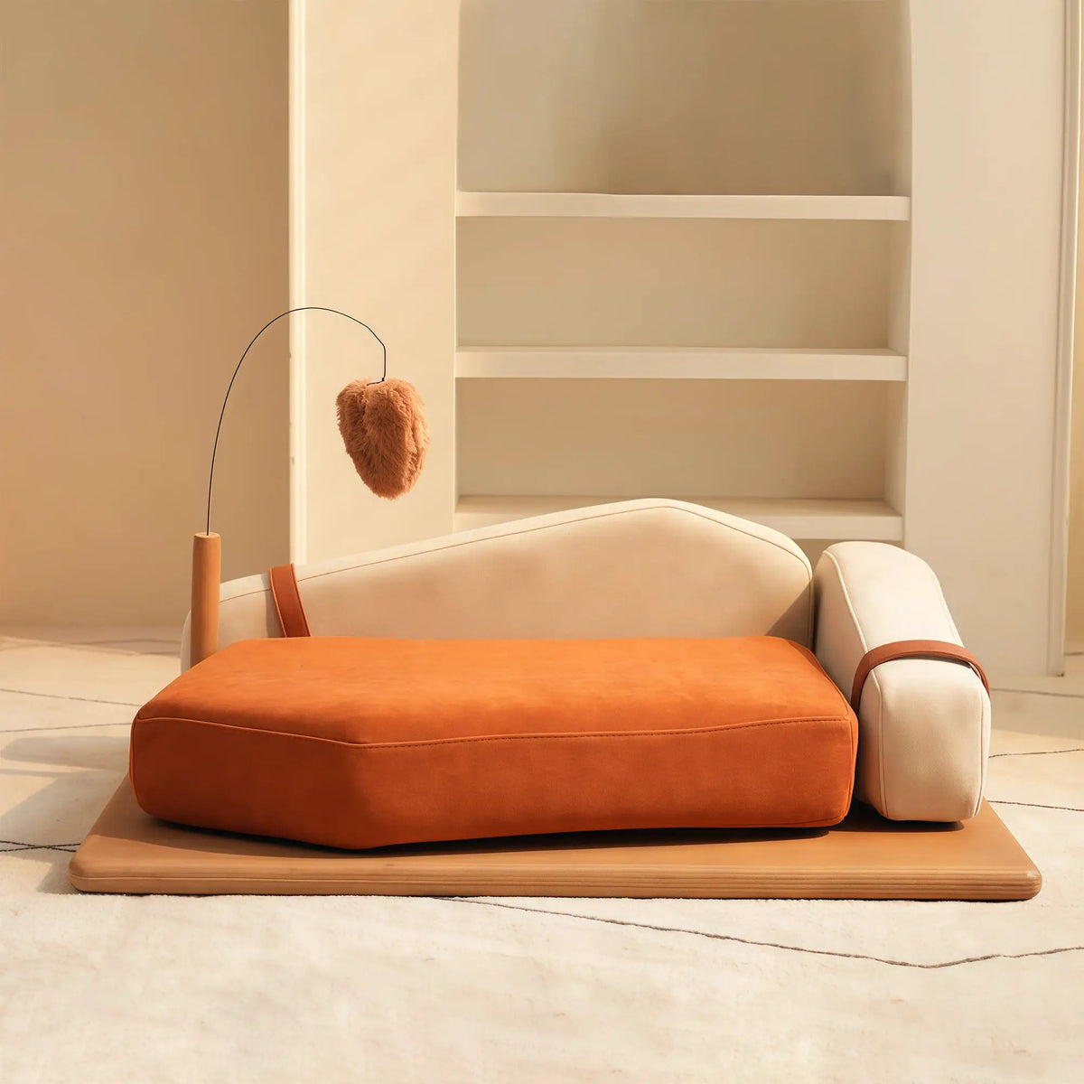 Wooden pet bed for cats and dogs with orange cushion on beige furniture