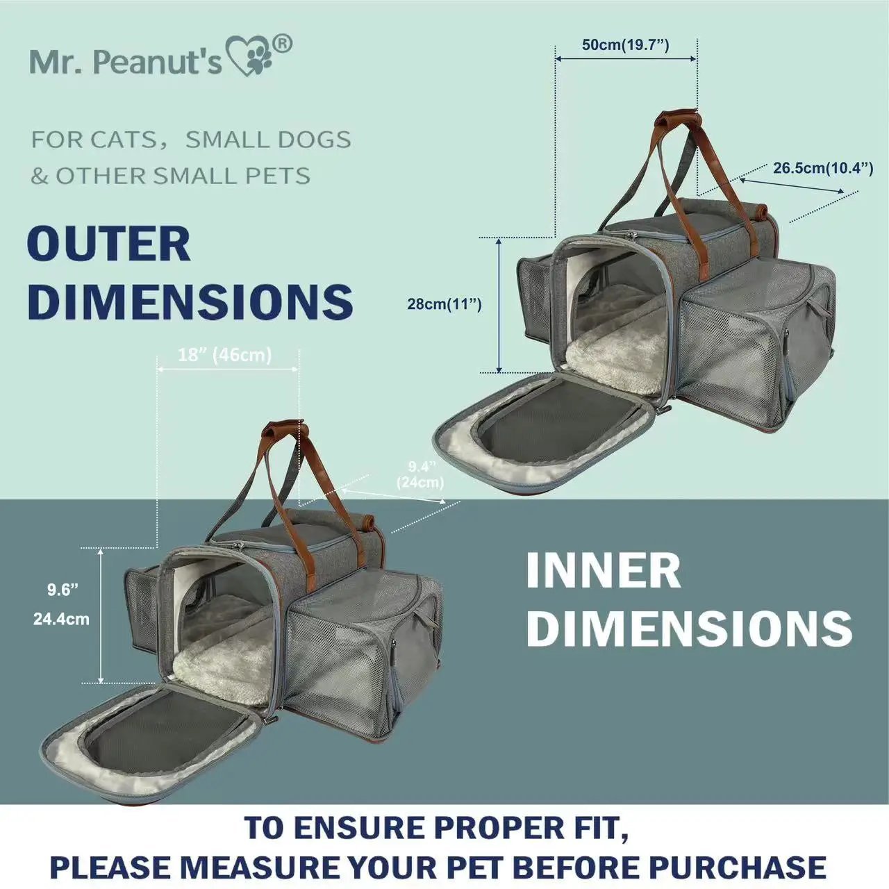 Mr. Peanut's Gold Series Big Apple Double Expandable Pet Carrier, gray fabric with brown handles, air travel approved (2 shown)