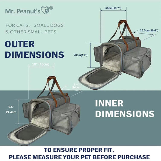 Mr. Peanut's Gold Series Big Apple Double Expandable Pet Carrier, gray fabric with brown handles, air travel approved (2 shown)