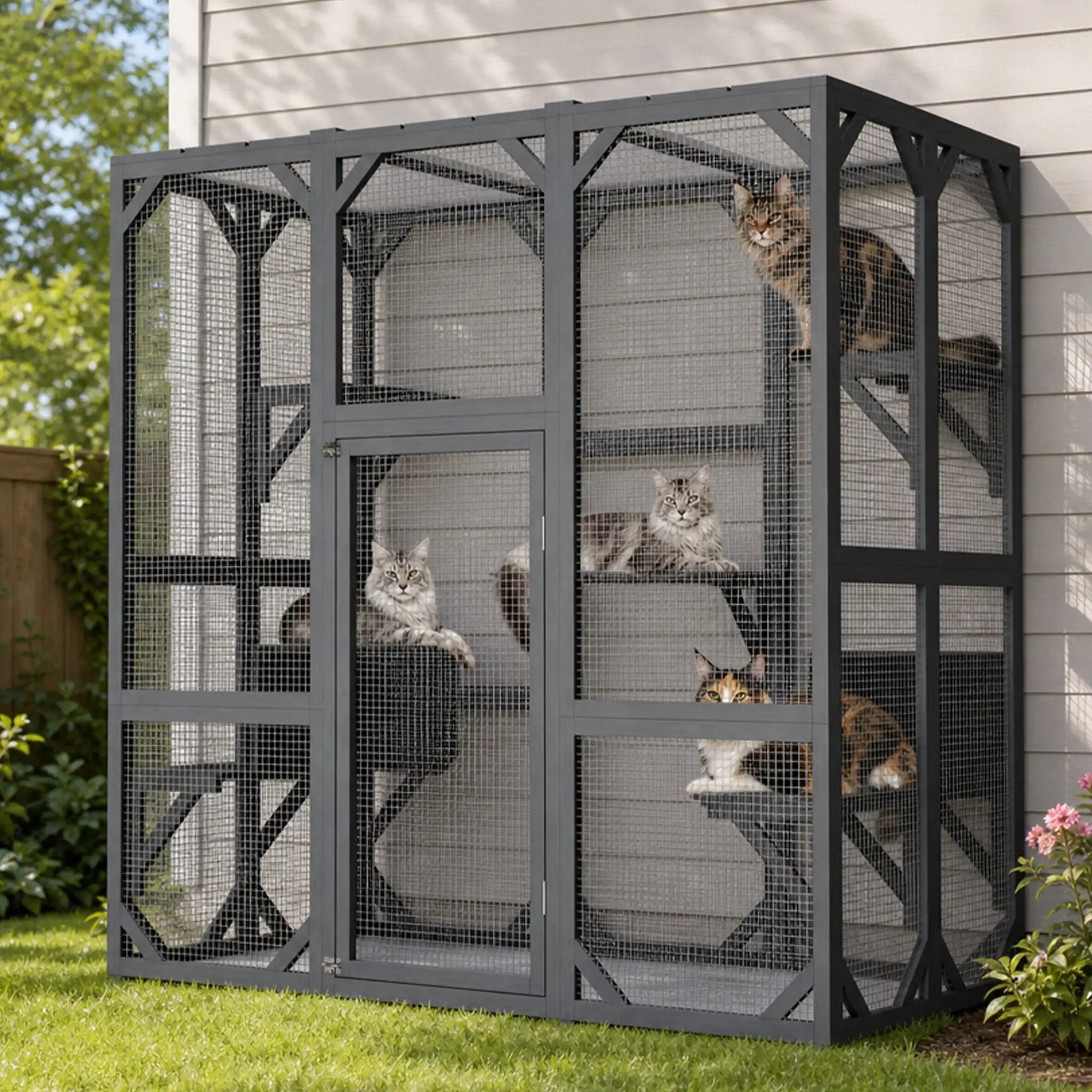 Outdoor cat enclosure, gray wooden cage with mesh panels and waterproof roof; houses 6 cats inside.