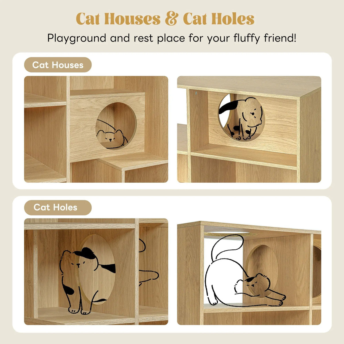 Modern 2-in-1 wooden cat house bookshelf set of 2 in natural wood finish by Sangria Beech
