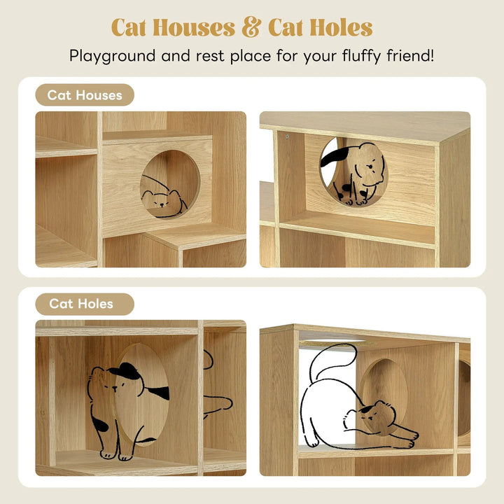 Feature collage of The Curator Cat Bookshelf in Natural showing cat nooks and circular pass-through openings