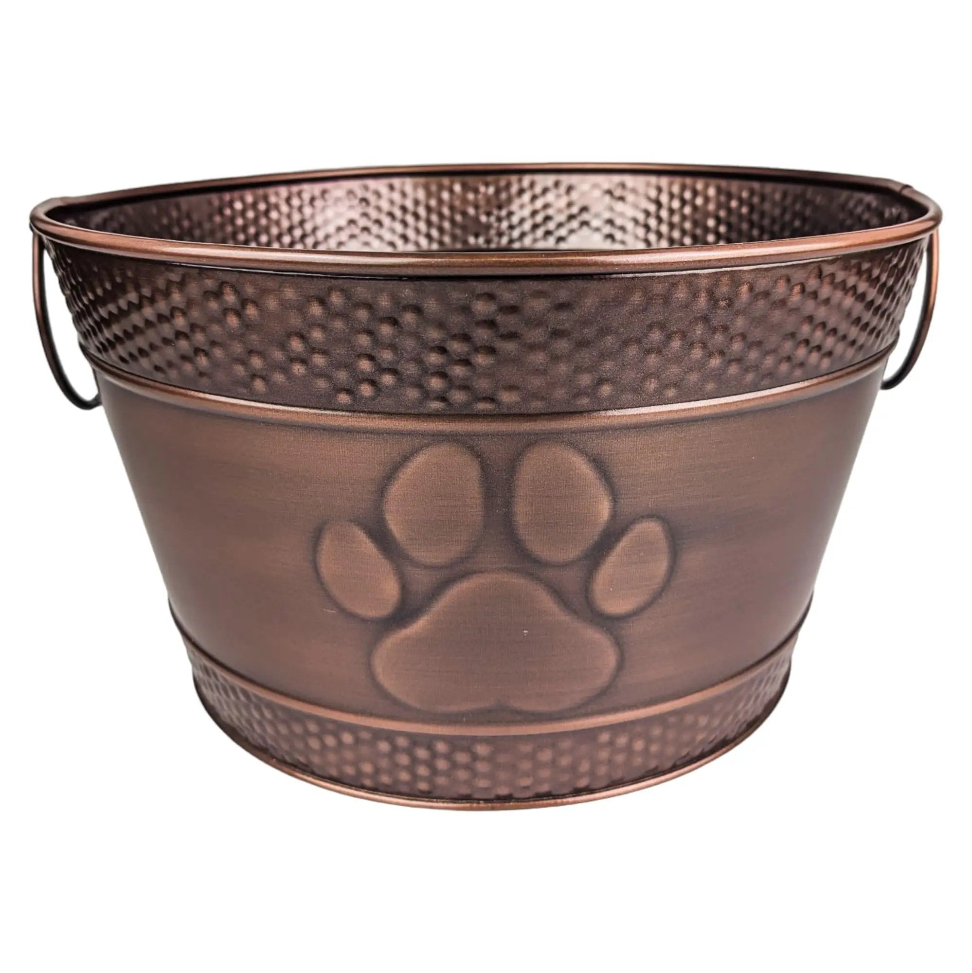 Copper hammered metal dog toy bin with handles by For Animals, With Love.