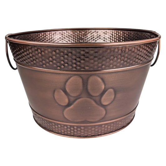 Copper hammered metal dog toy bin with handles by For Animals, With Love.