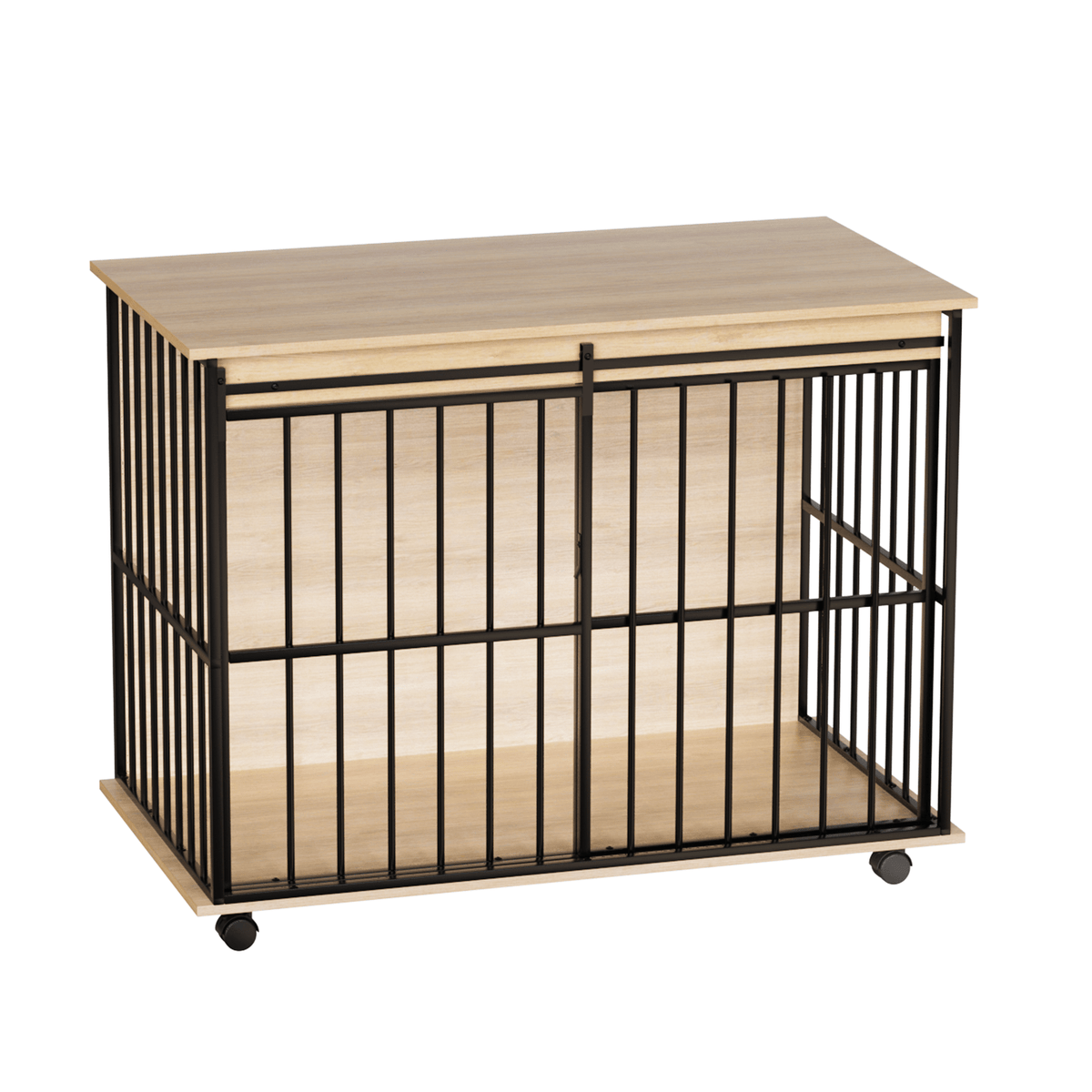 Large wooden dog crate by Sangria Beech; natural wood with black metal, removable tray and secure doors.