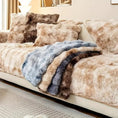 Load image into Gallery viewer, Luxurious gradient velvet sofa cover on beige-tan sofa with a blue-gray faux fur throw
