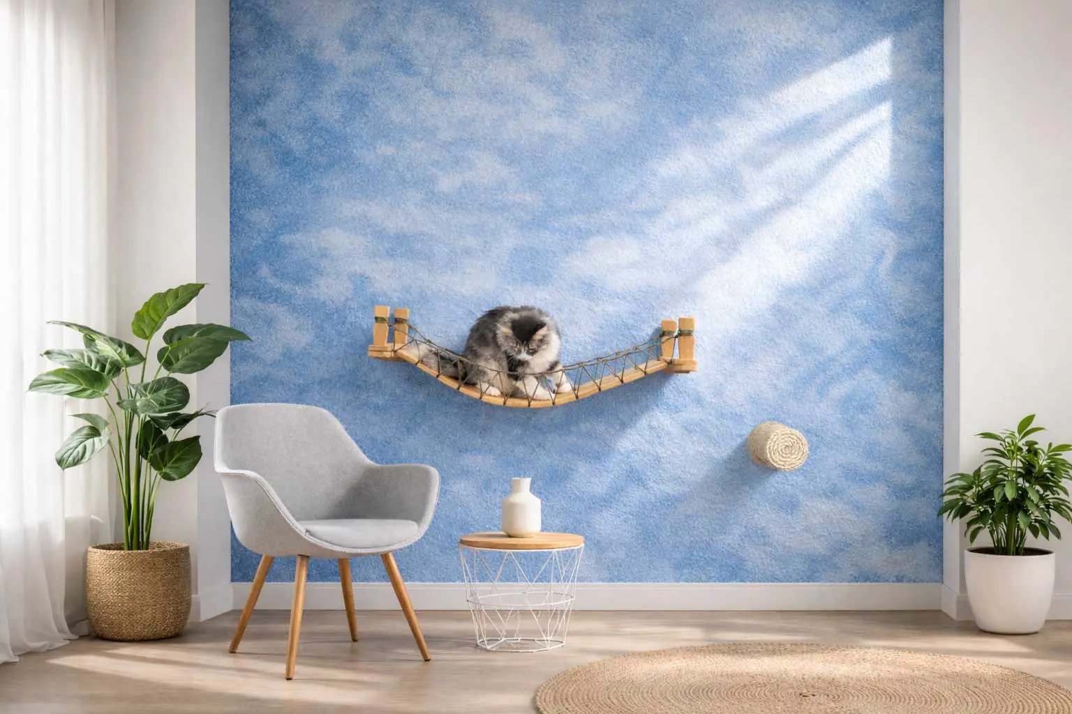 Cat Bridge for Wall cat perch, curved wooden plank with rope netting between posts mounted on a blue wall.