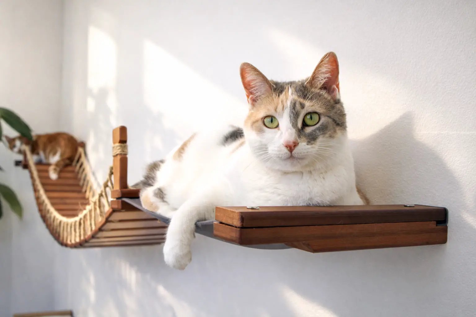 Double Cat Hammock and Climbing Bridge Combo cat bridge on wooden platforms with a calico cat lounging.