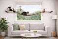 Charger l'image dans la visionneuse de la galerie, Double Cat Hammock and Climbing Bridge Combo by Catastrophic Creations; two cats on wood-and-rope cat bridge across a window.
