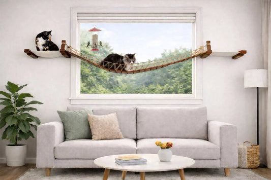 Double Cat Hammock and Climbing Bridge Combo by Catastrophic Creations; two cats on wood-and-rope cat bridge across a window.