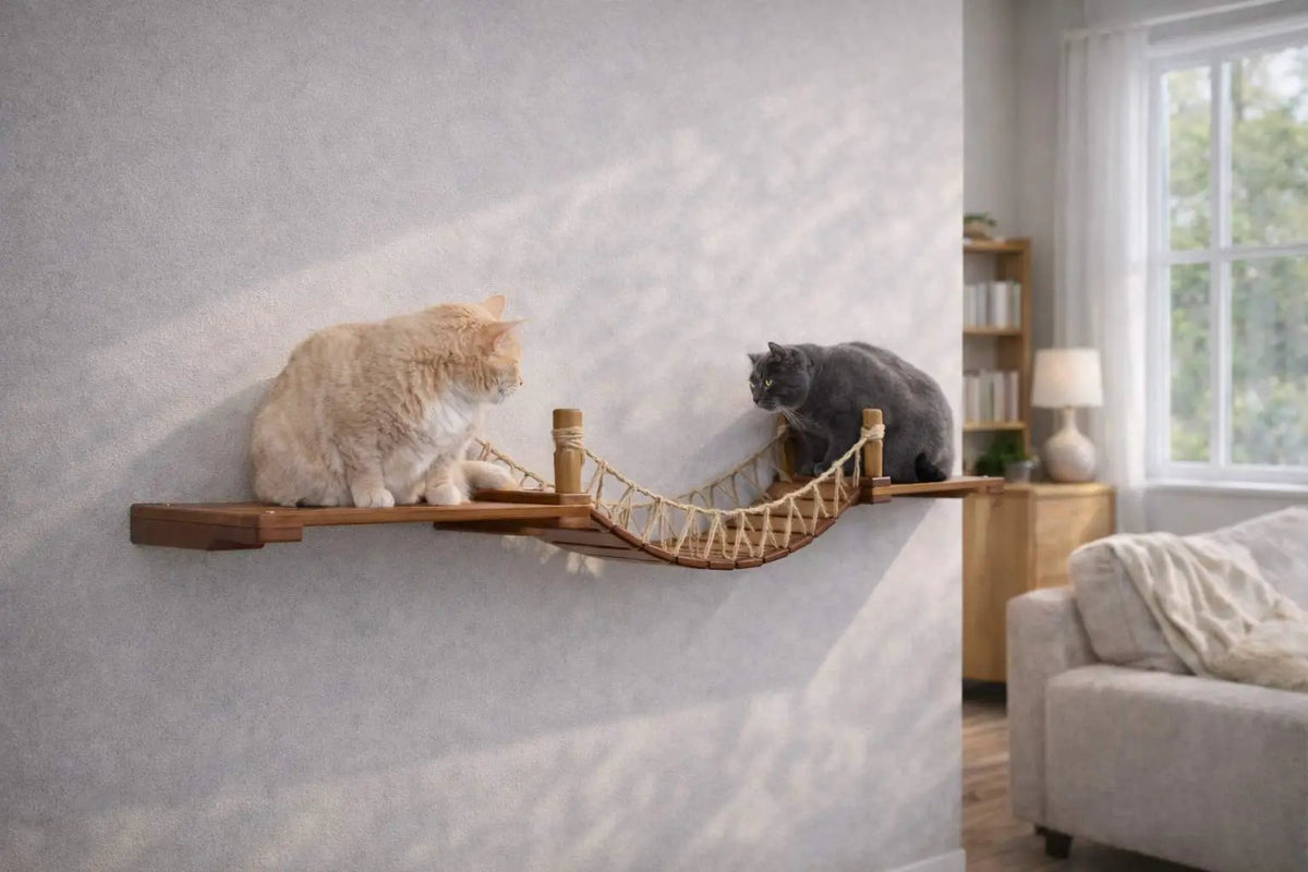 Cat Wall Bridge and Shelf Set by Catastrophic Creations; wooden cat bridge with rope net, two cats perched along it.