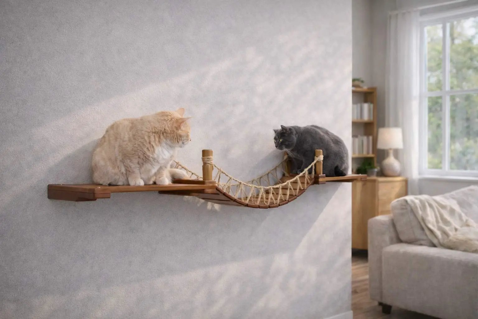 Cat Wall Bridge and Shelf Set by Catastrophic Creations; wooden cat bridge with rope net, two cats perched along it.