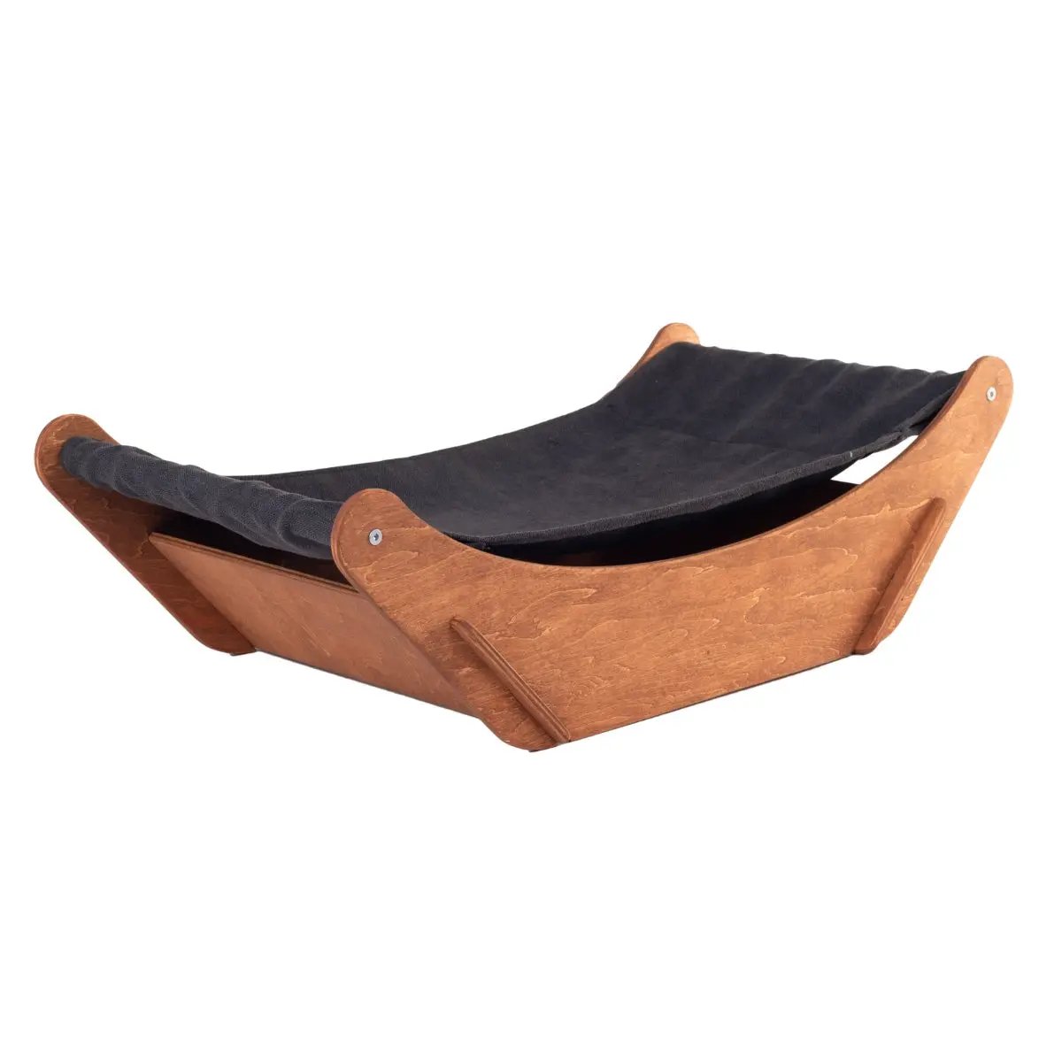 Floor Cat Hammock with a wooden curved frame and dark gray fabric by Enjoy The Wood B2B