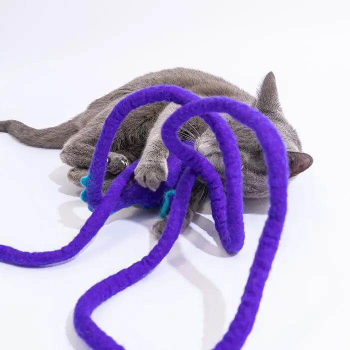 Catch a Mouse by the Tail wool cat toy, purple plush rope with teal accents