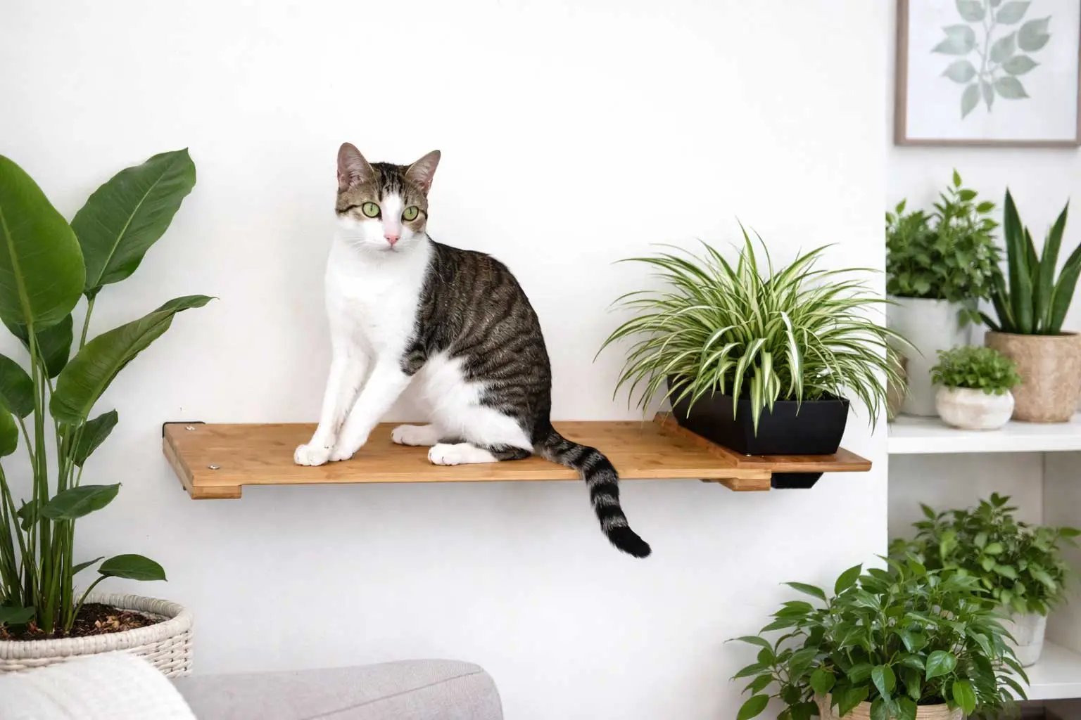 Cat Plant Stand for Wall, wooden cat shelf with a cat beside a potted plant.