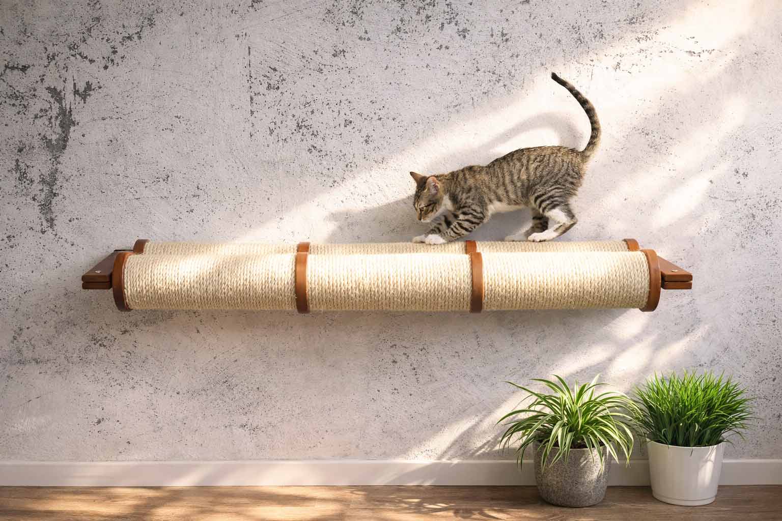 Horizontal cat scratching post by Catastrophic Creations; beige sisal rope with wooden ends