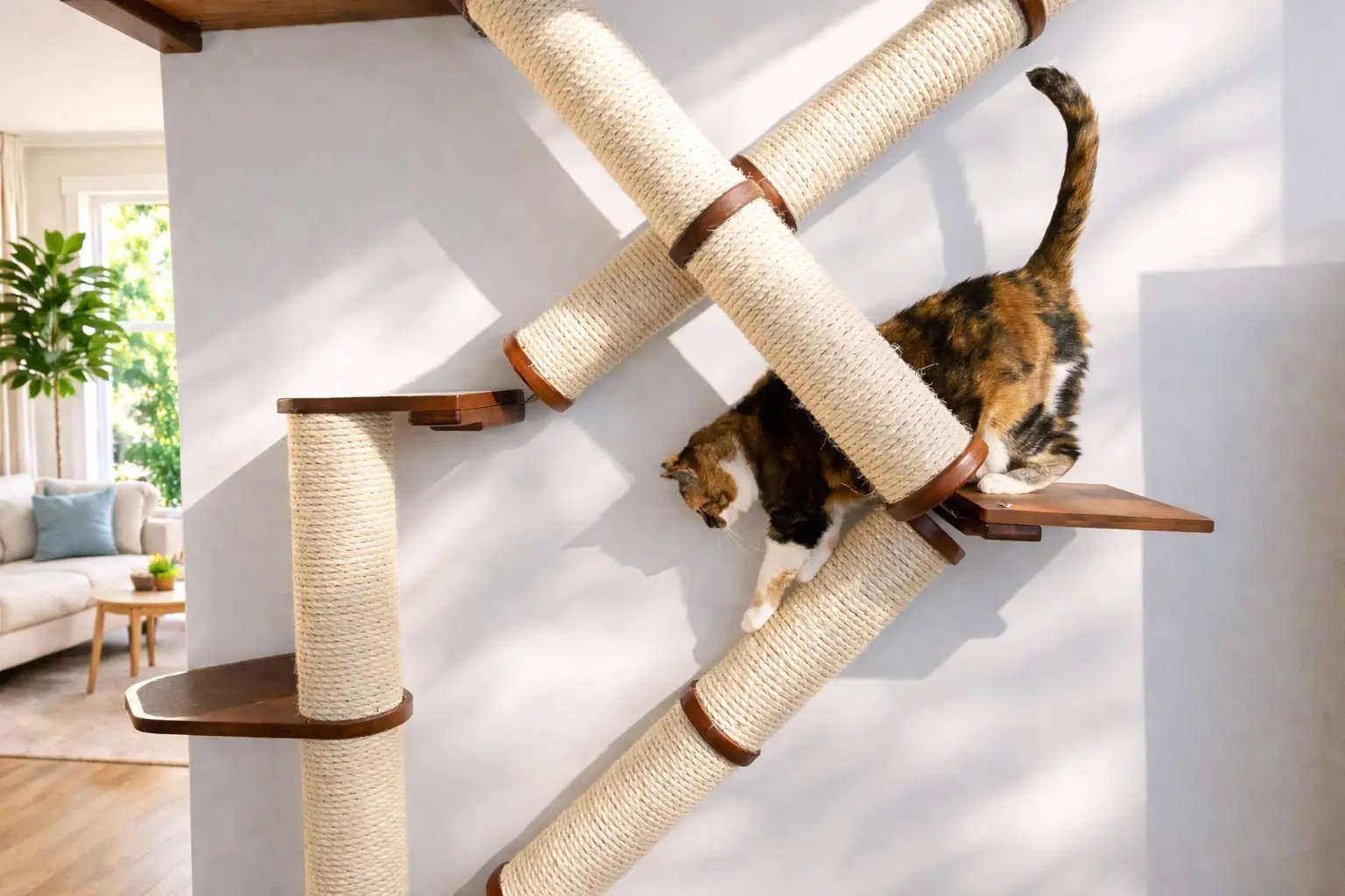 Slanted Cat Scratcher for Wall with sisal-wrapped tubes and wooden platforms; calico cat on a step