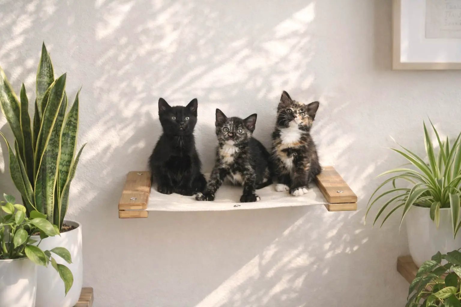 Hanging cat bed hammock with beige fabric and natural wood supports; three kittens sit on it.