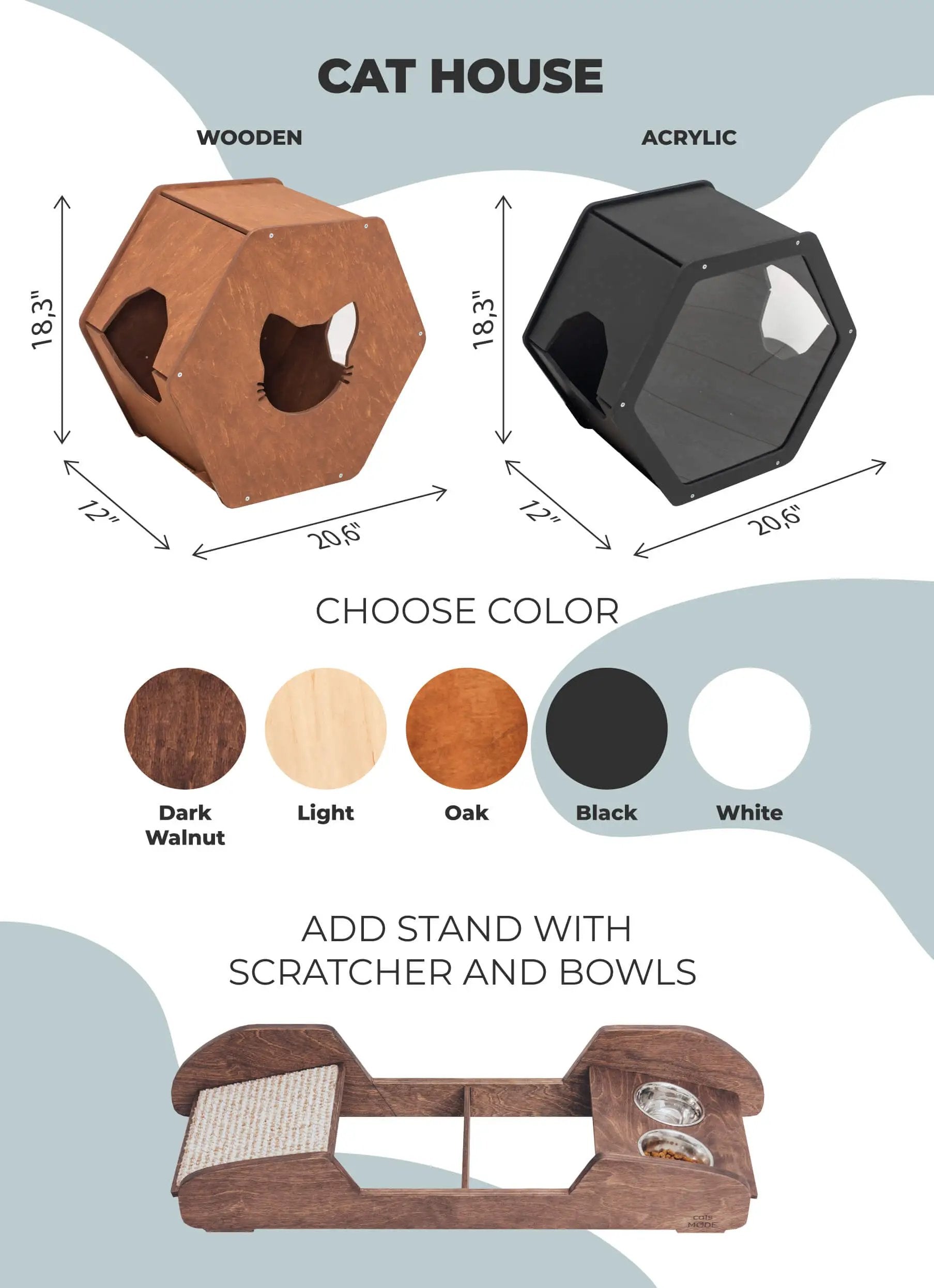 Small Cat House by Enjoy The Wood B2B; hexagonal wooden dark walnut and black acrylic condo designs