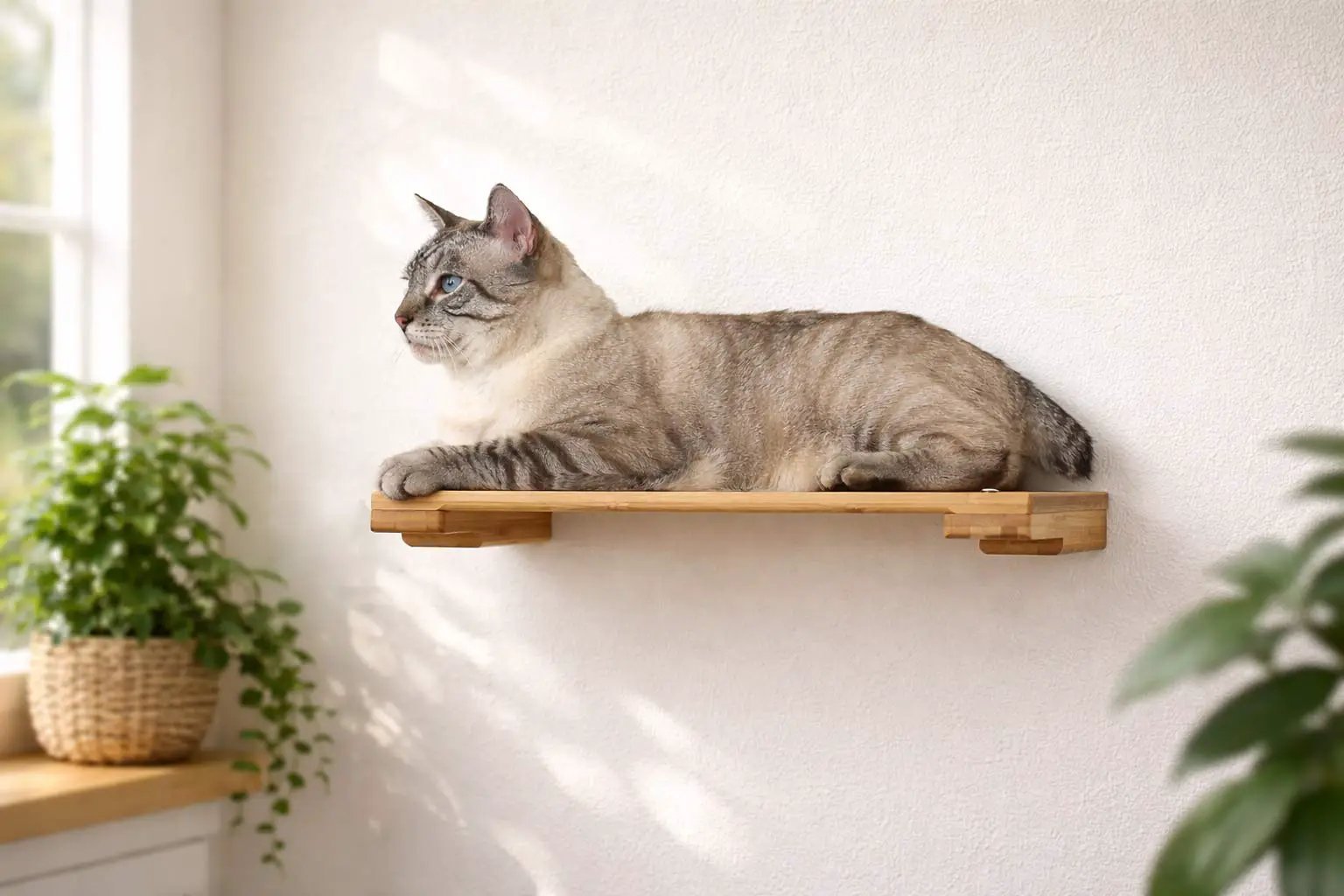 Wall Mounted Cat Shelf in natural wood finish with a cat lounging on it